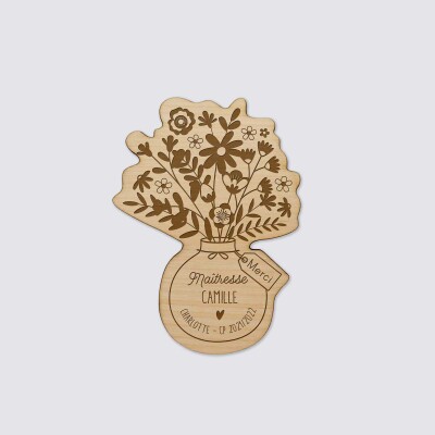 Magnet bouquet de fleurs personnalisé bois gravé 56x78 mm - maitresse camille