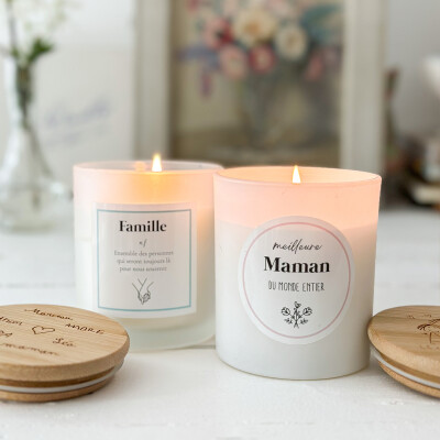 Bougie parfumée personnalisé couvercle bois gravé - ambiance étiquette maman & famille