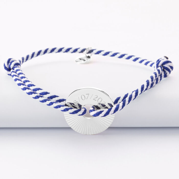 Bracelet homme personnalisé cordon tressé médaille gravée argent cible soleil 20 mm - date