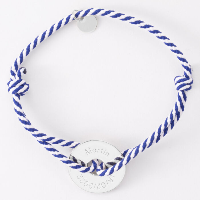 Bracelet homme personnalisé cordon tressé médaille gravée argent cible soleil 20 mm - martin date