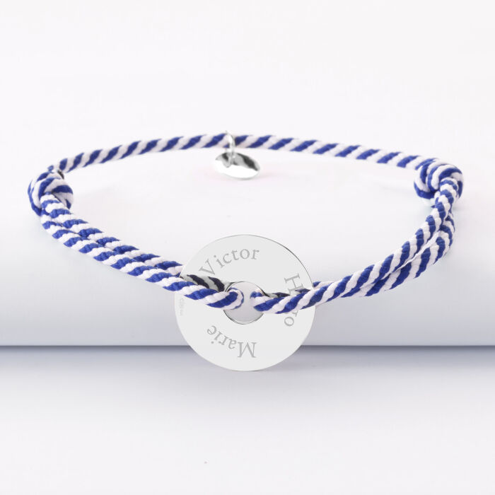 Bracelet homme personnalisé cordon tressé médaille gravée argent cible soleil 20 mm - 3 prénoms