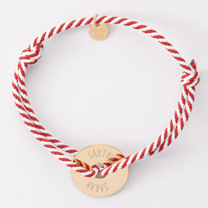 Bracelet homme personnalisé cordon tressé médaille gravée plaqué or cible soleil 20 mm - plat