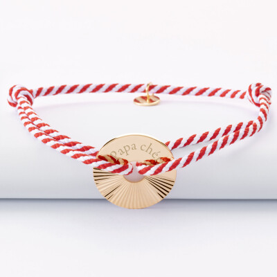 Bracelet homme personnalisé cordon tressé médaille gravée plaqué or cible soleil 20 mm - face