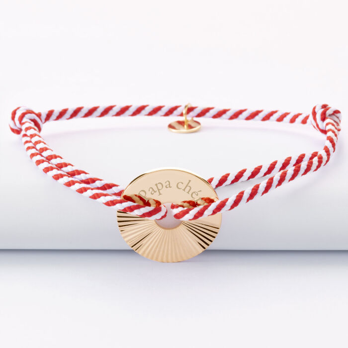 Bracelet homme personnalisé cordon tressé médaille gravée plaqué or cible soleil 20 mm - face