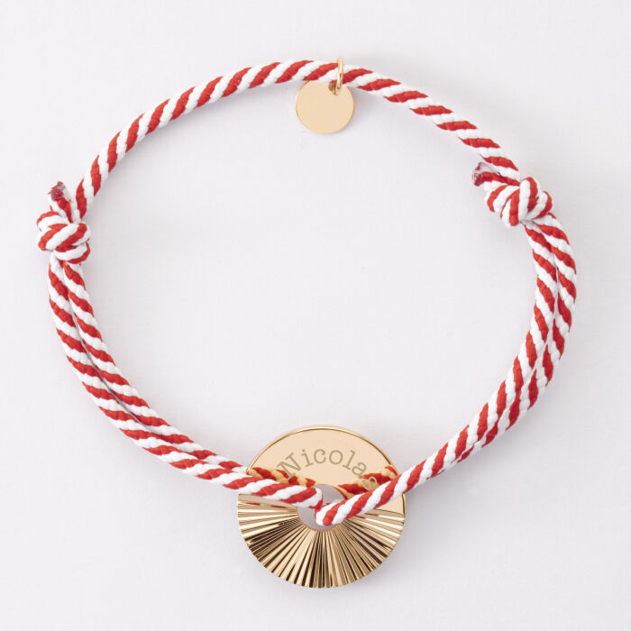 Bracelet homme personnalisé cordon tressé médaille gravée plaqué or cible soleil 20 mm - plat