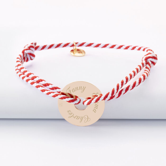 Bracelet homme personnalisé cordon tressé médaille gravée plaqué or cible soleil 20 mm - face