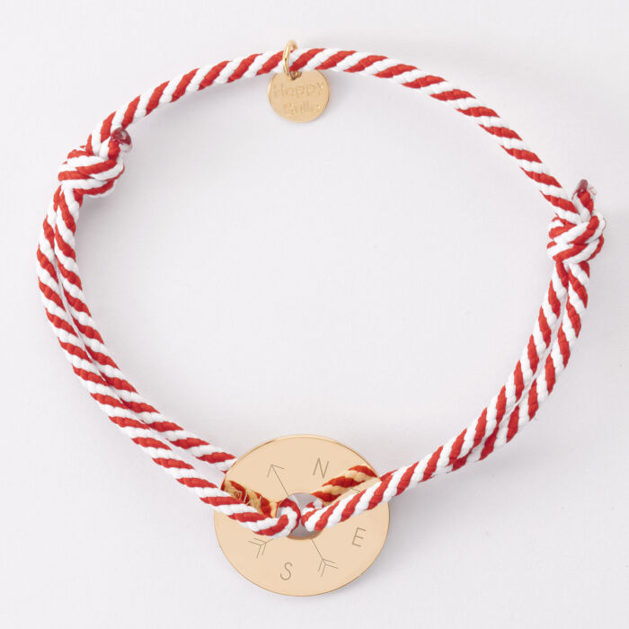 Bracelet homme personnalisé cordon tressé médaille gravée plaqué or cible soleil 20 mm - plat