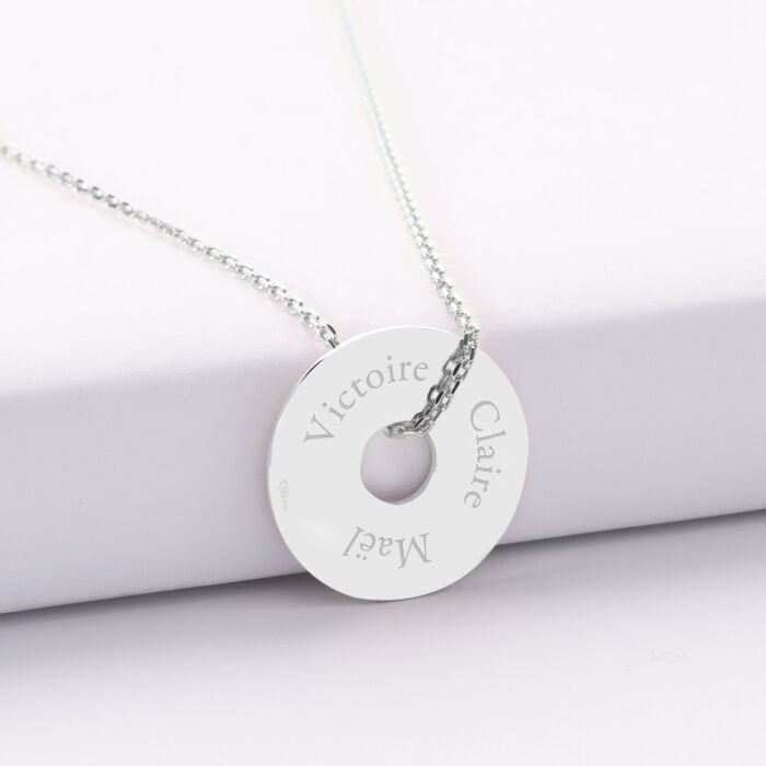 Pendentif personnalisé médaille gravée argent cible soleil 20mm - 3 prénoms