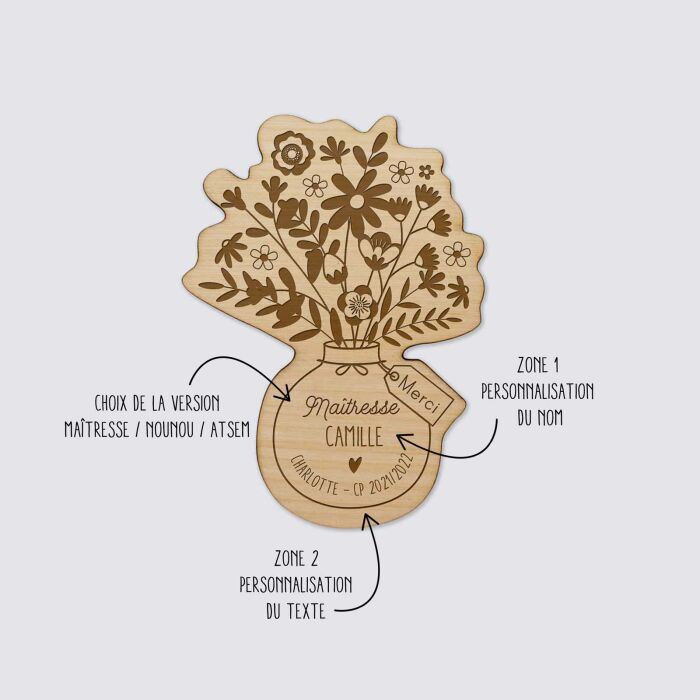 Magnet bouquet de fleurs personnalisé bois gravé 56x78 mm - édition spéciale "merci" - explications