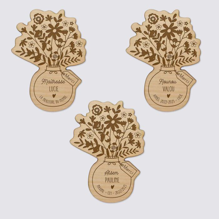 Magnet bouquet de fleurs personnalisé bois gravé 56x78 mm - édition spéciale "merci" - choix illustration