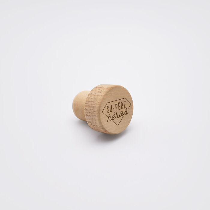 Bouchon de bouteille bois gravé -  édition spéciale "Su-père héros" - biais