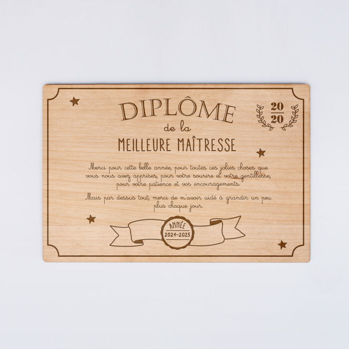 Diplôme de la meilleure maîtresse personnalisé bois gravé 15x10 cm avec support - face