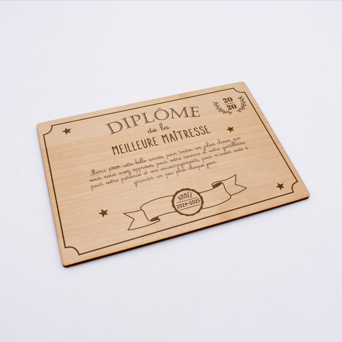 Diplôme de la meilleure maîtresse personnalisé bois gravé 15x10 cm avec support - biais