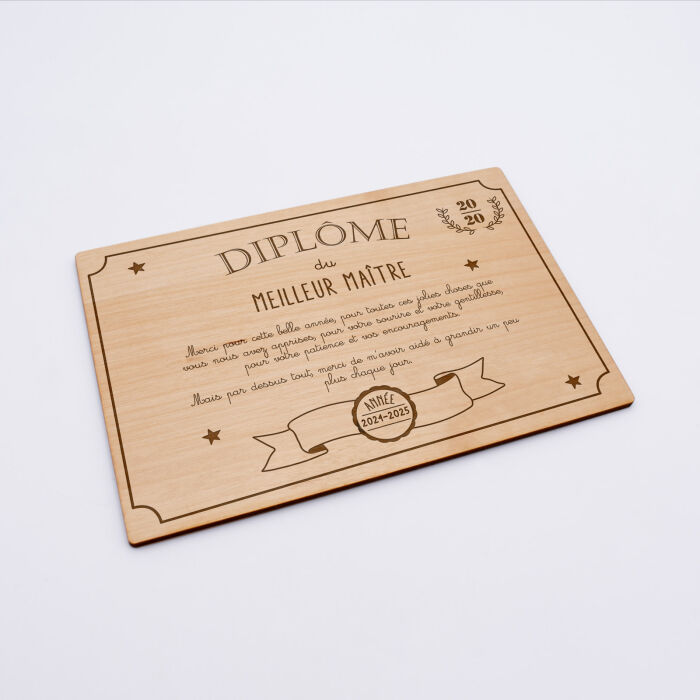 Diplôme du meilleur maître personnalisé bois gravé 15x10 cm avec support - biais