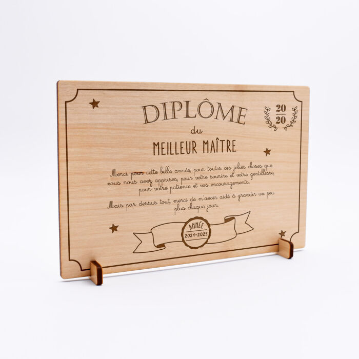 Diplôme du meilleur maître personnalisé bois gravé 15x10 cm avec support - pieds