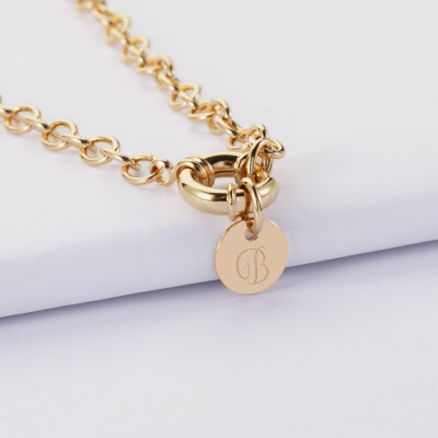 Collier personnalisé chaine fermoir marin médaille gravée plaqué or 10 mm - Initiale B