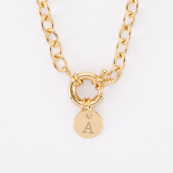 Collier personnalisé chaine fermoir marin médaille gravée plaqué or 10 mm - Initiale A