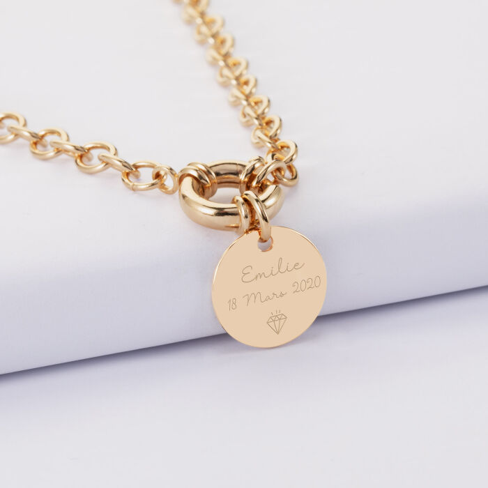 Collier personnalisé chaine fermoir marin médaille gravée plaqué or 15 mm - Texte et pictogramme