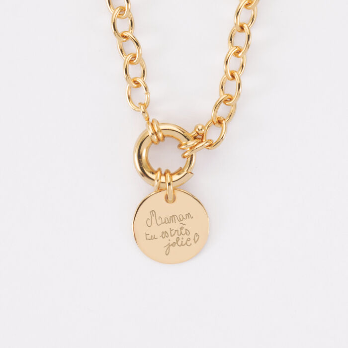 Collier personnalisé chaine fermoir marin médaille gravée plaqué or 15 mm