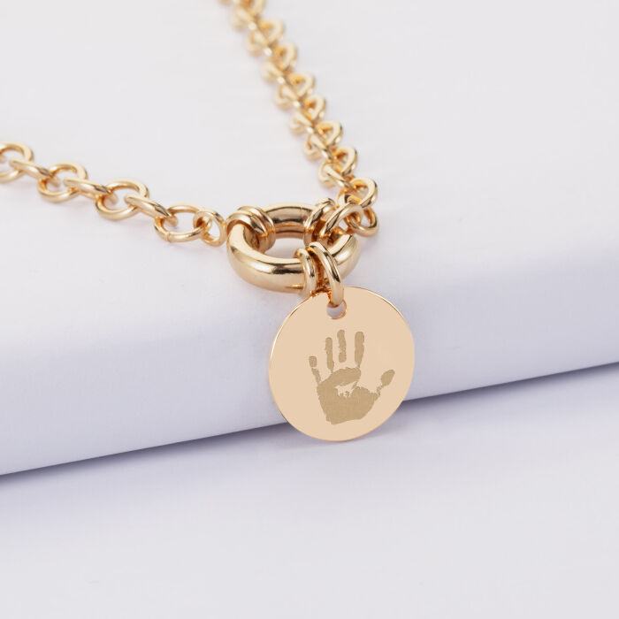 Collier personnalisé chaine fermoir marin médaille gravée plaqué or 15 mm - empreinte main