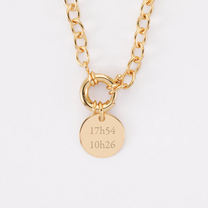 Collier personnalisé chaine fermoir marin médaille gravée plaqué or 15 mm - texte heures