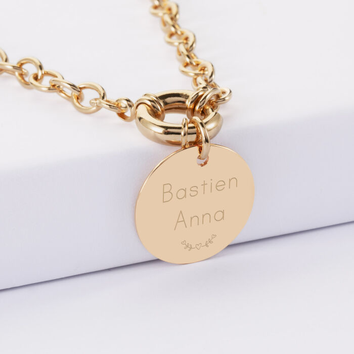 Collier personnalisé chaine fermoir marin médaille gravée plaqué or 19 mm