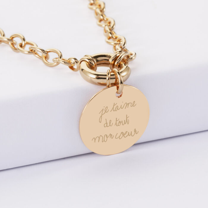 Collier personnalisé chaine fermoir marin médaille gravée plaqué or 19 mm - texte manuscrit