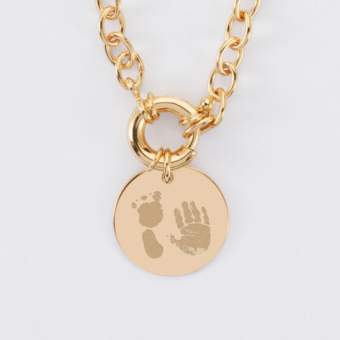 Collier personnalisé chaine fermoir marin médaille gravée plaqué or 19 mm - empreintes
