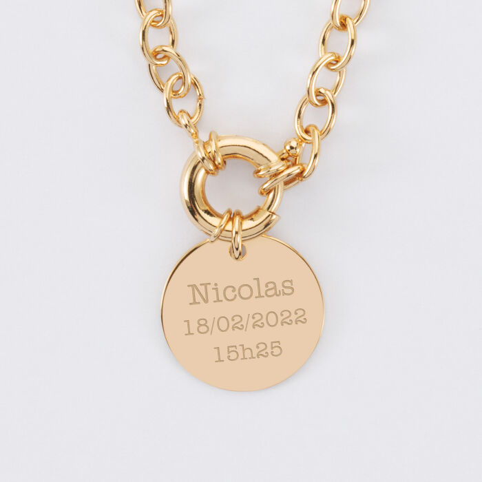 Collier personnalisé chaine fermoir marin médaille gravée plaqué or 19 mm - texte prénom et date