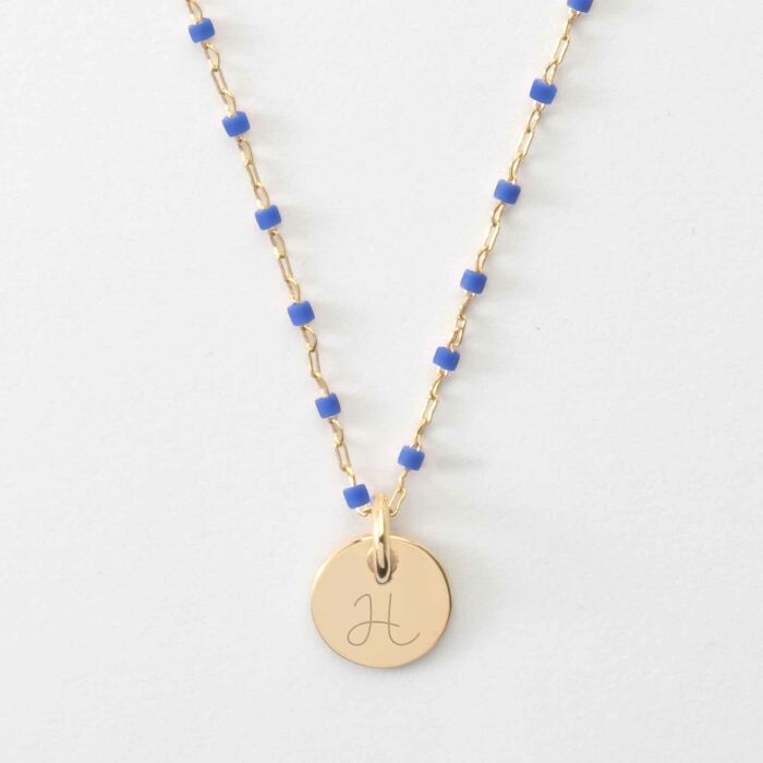 Collier perles Miyuki colorées personnalisé médaille gravée plaqué or 10 mm - H