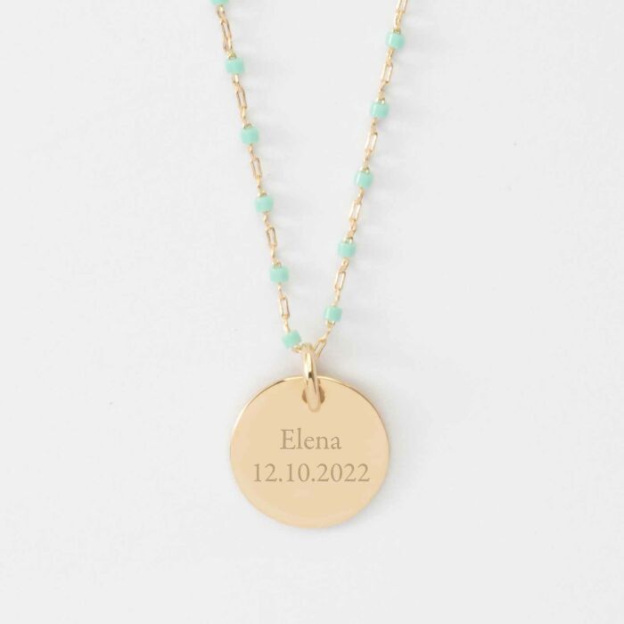 Collier perles Miyuki colorées personnalisé médaille gravée plaqué or 15 mm - Texte prénom et date