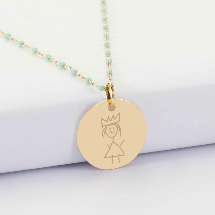 Collier perles Miyuki colorées personnalisé médaille gravée plaqué or 19 mm - dessin