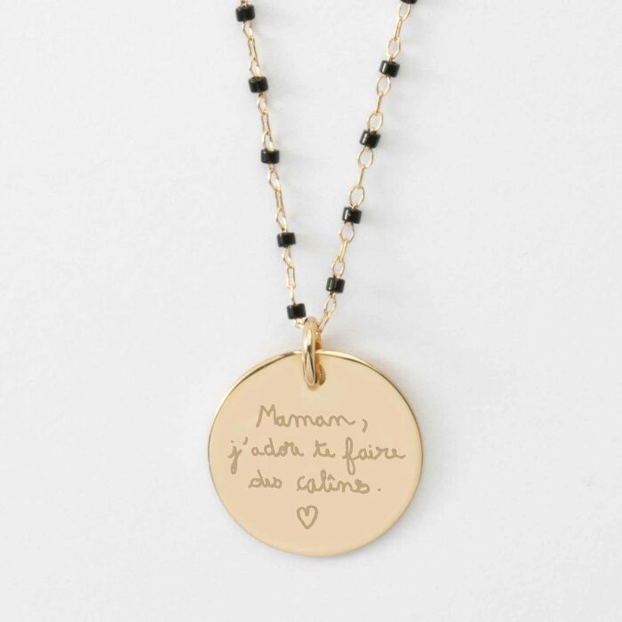 Collier perles Miyuki colorées personnalisé médaille gravée plaqué or 19 mm - écrit