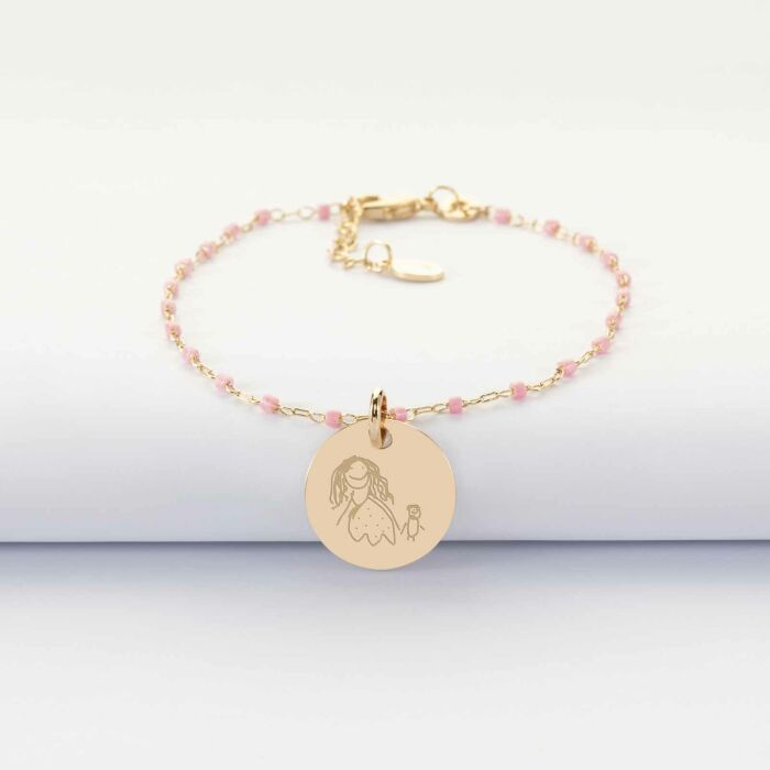 Bracelet perles Miyuki colorées personnalisé médaille gravée plaqué or 15 mm - dessin