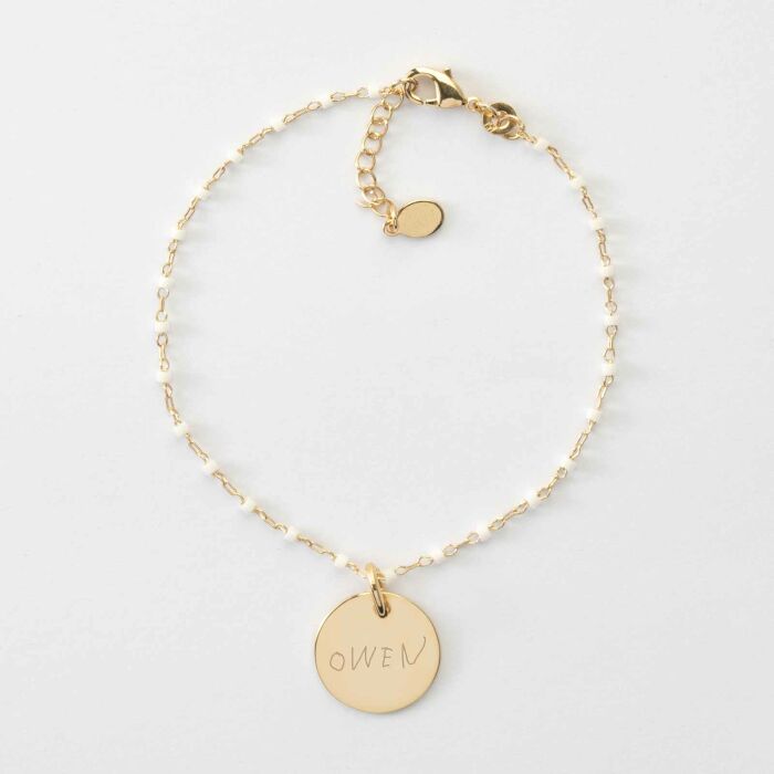 Bracelet perles Miyuki colorées personnalisé médaille gravée plaqué or 15 mm - écrit
