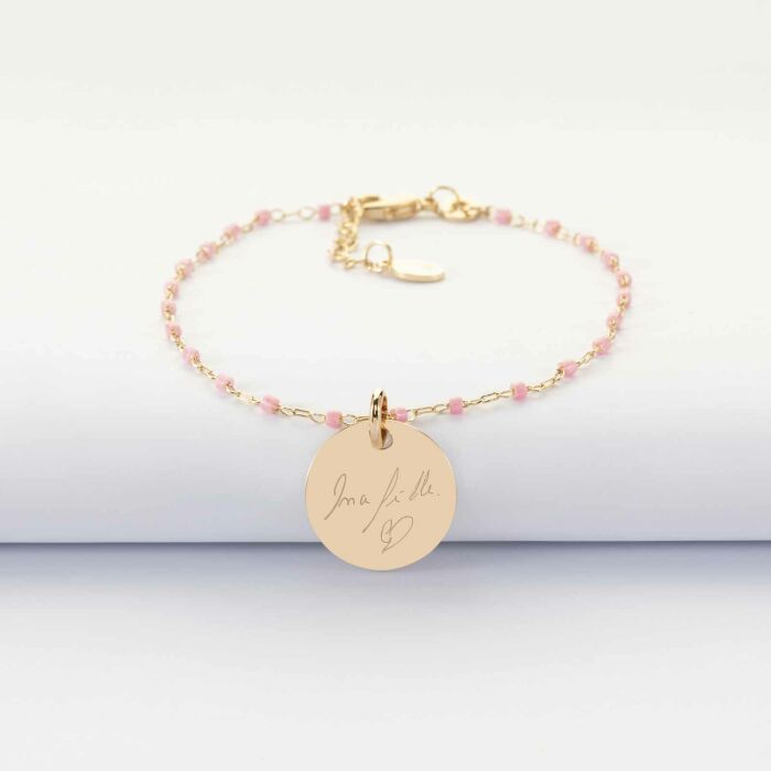 Bracelet perles Miyuki colorées personnalisé médaille gravée plaqué or 15 mm - écrit