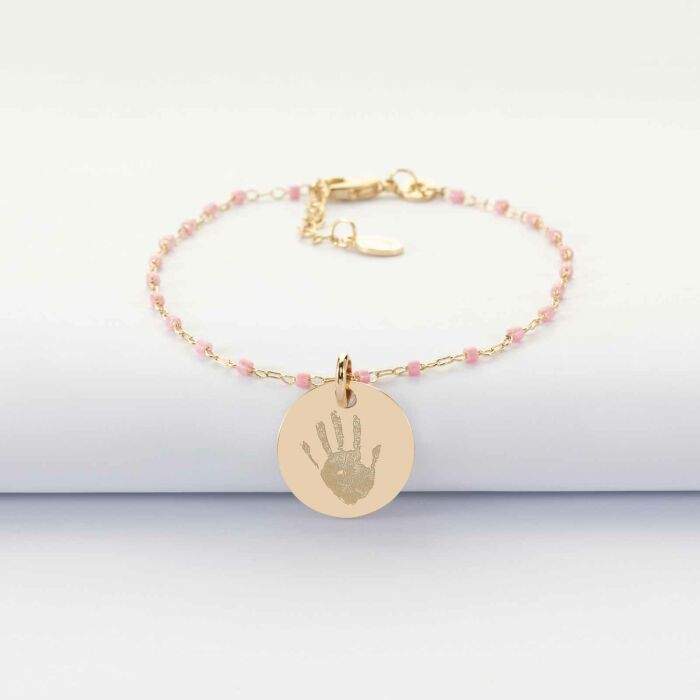 Bracelet perles Miyuki colorées personnalisé médaille gravée plaqué or 15 mm - empreinte