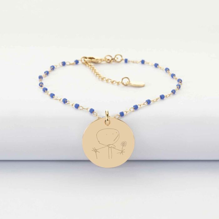 Bracelet perles Miyuki colorées personnalisé médaille gravée plaqué or 19 mm - dessin