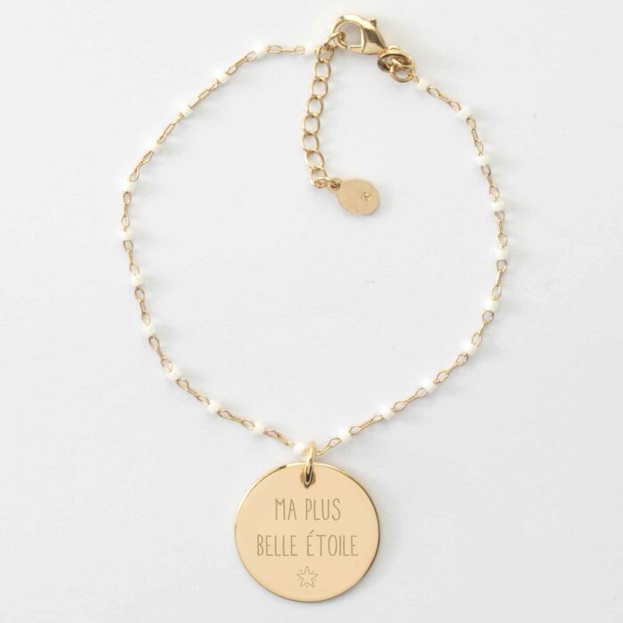 Bracelet perles Miyuki colorées personnalisé médaille gravée plaqué or 19 mm - texte et pictogramme