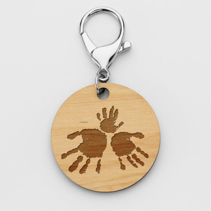 Porte-clés personnalisé gravé bois médaille ronde 50 mm - Nos petits imparfaits - empreintes