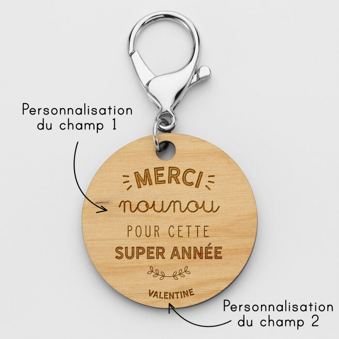 Porte clé personnalisé gravée bois médaille ronde 50 mm "Merci Maîtresse" - Nos petits imparfaits - nounou et informations