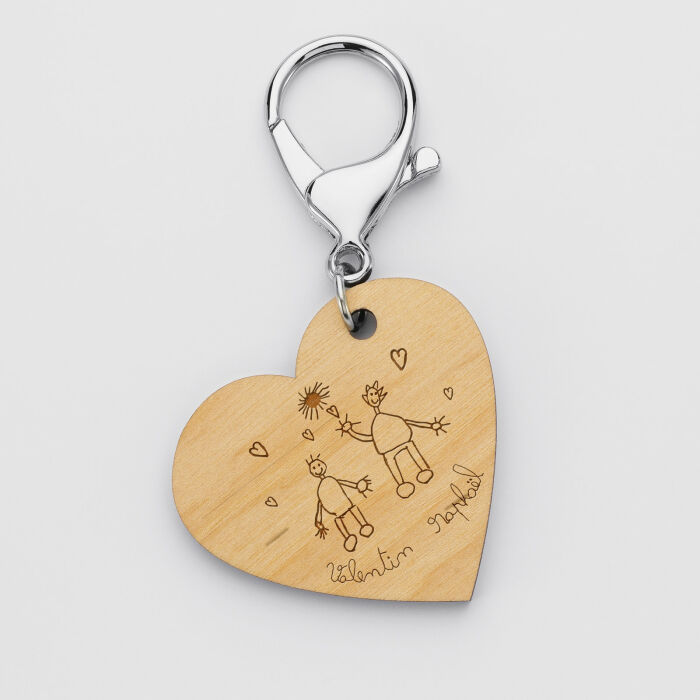 Porte clé personnalisé gravé bois médaille coeur 50x45 mm - Nos petits imparfaits - dessin