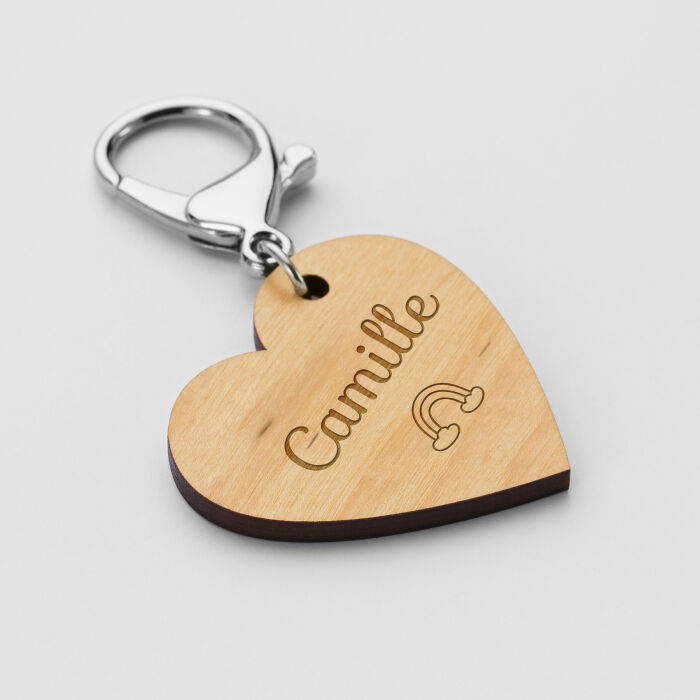 Porte clé personnalisé gravé bois médaille coeur 50x45 mm - Nos petits imparfaits - texte et pictogramme