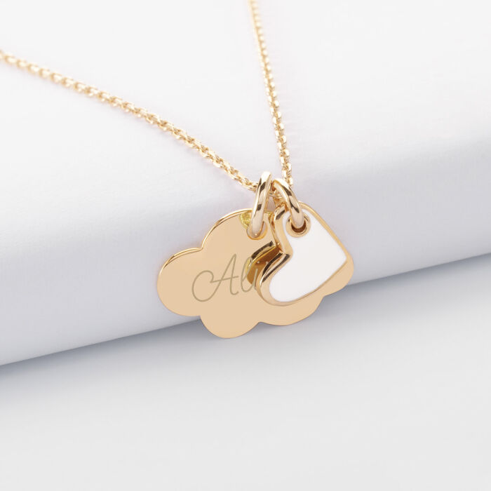Pendentif enfant personnalisé médaille gravée plaqué or nuage 20x14 mm et breloque coeur email blanc 10 mm - prénom