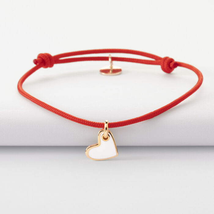 Bracelet coeur email blanc plaqué or 10 mm - cordon rouge