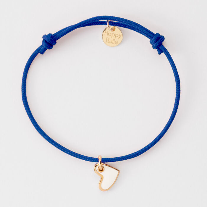 Bracelet coeur email blanc plaqué or 10 mm - cordon bleu azur plat