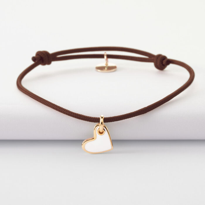 Bracelet coeur email blanc plaqué or 10 mm - cordon marron