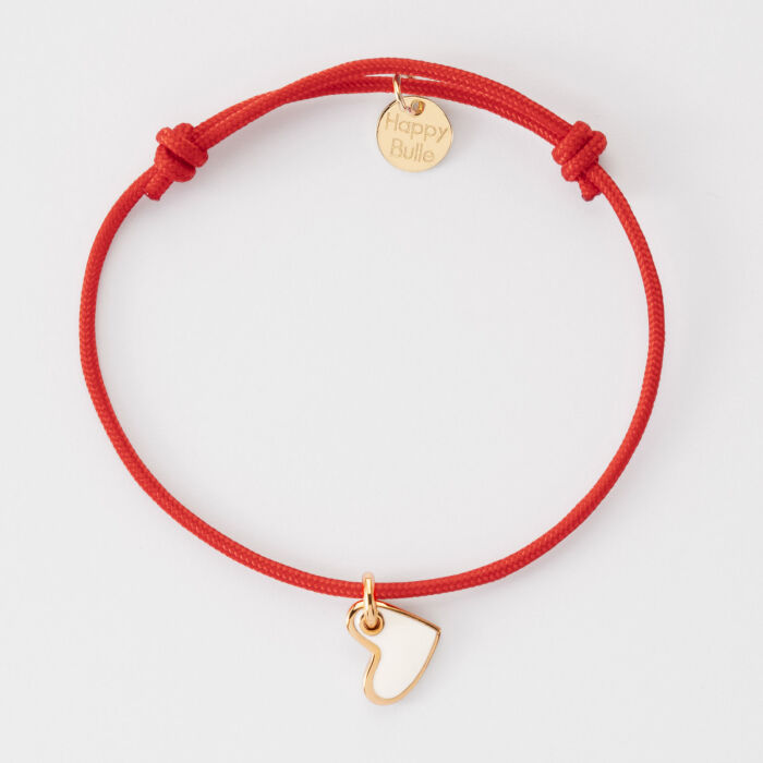 Bracelet coeur email blanc plaqué or 10 mm - cordon rouge plat