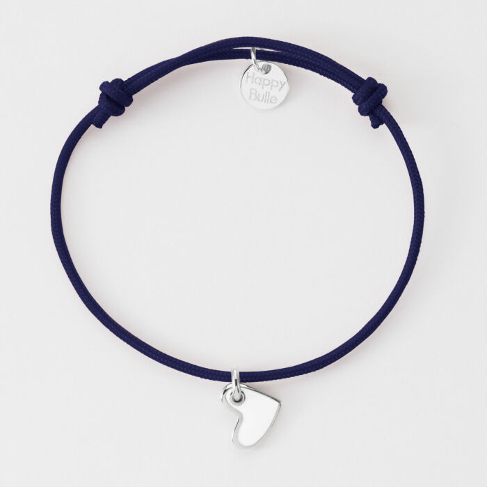 Bracelet coeur email blanc argent 10 mm - cordon bleu marine plat