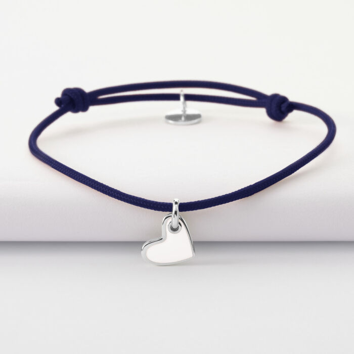 Bracelet coeur email blanc argent 10 mm - cordon bleu marine